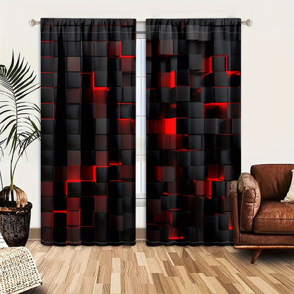 Set of 2: Abstract Red & Black Gradient Curtains - Modern Geometric Design, Semi-Transparent Drapes for Privacy in Living Room and Bedroom Decor