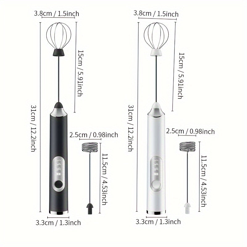 Portable USB rechargeable milk frother and coffee maker with automatic function, whisk attachment, and 1200mAh battery. Comes with measuring spoon and cup. Perfect for use at home or when traveling.