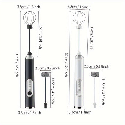 Portable USB rechargeable milk frother and coffee maker with automatic function, whisk attachment, and 1200mAh battery. Comes with measuring spoon and cup. Perfect for use at home or when traveling.