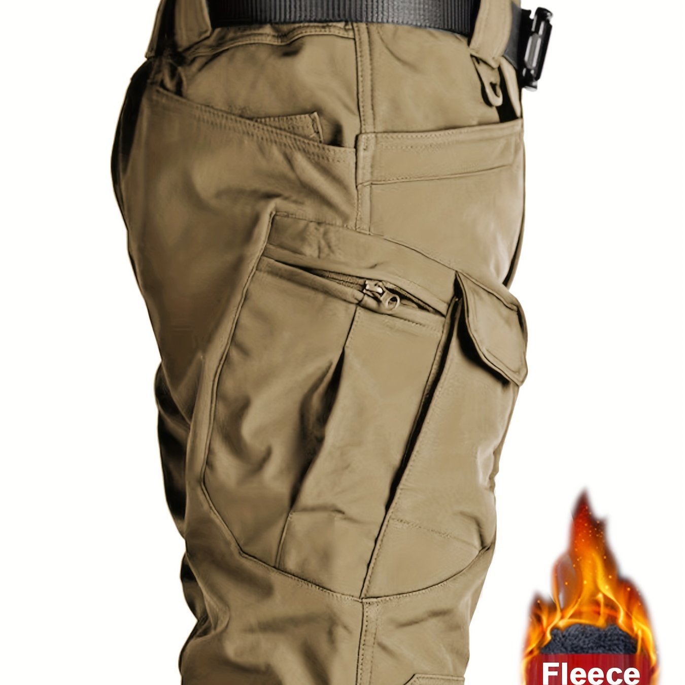 Fleece-lined tactical pants for men, made with warm, durable polyester-spandex blend. Features multiple pockets, adjustable waistband, and casual style for winter outdoor activities.