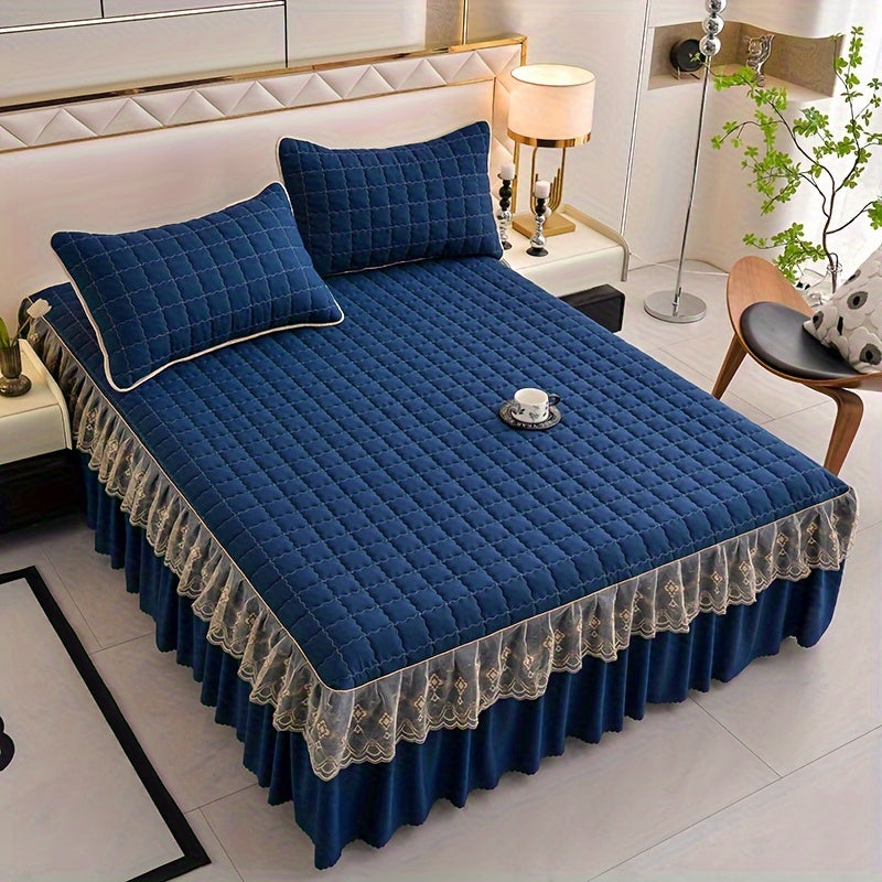 Luxury bedding set includes quilted edge bed skirt, 2 pillowcases, mattress protector, bed sheet, and duvet cover. Skin-friendly, breathable, and easy to maintain. Suitable for various