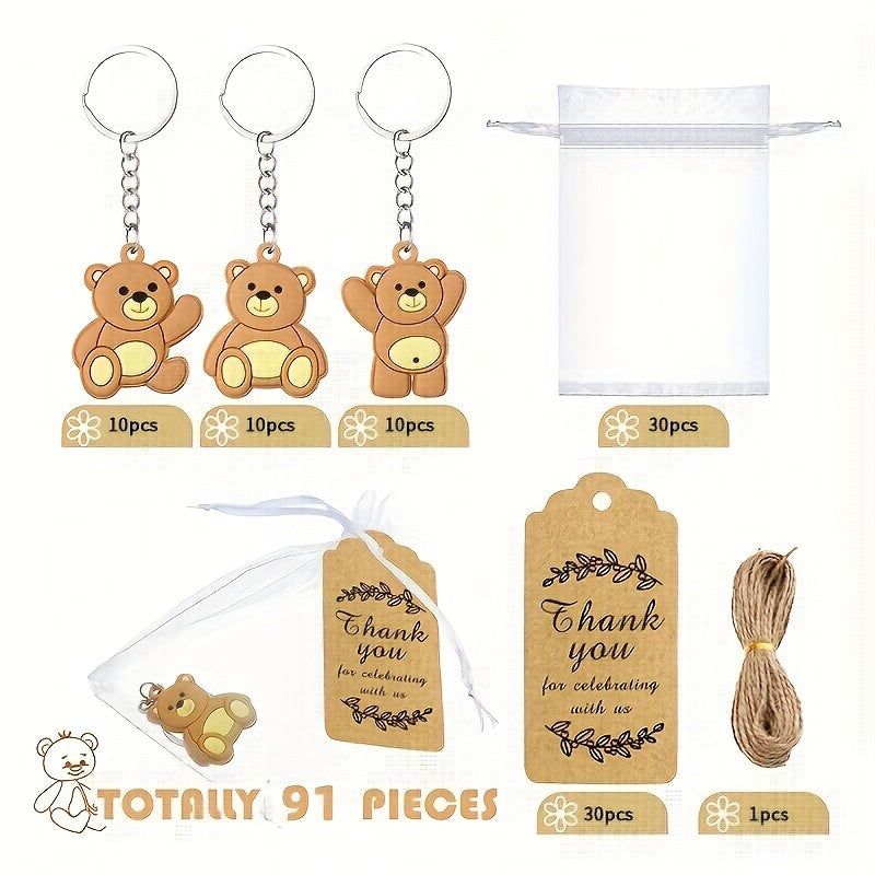 30 Bear Keychain Art Gifts made from PVC Material, Includes Organza Bag, Thank You Kraft Label, and Rope. Perfect for Decorating Wedding, Party, Baby Shower, Bachelor Party, and Birthday Party Supplies.