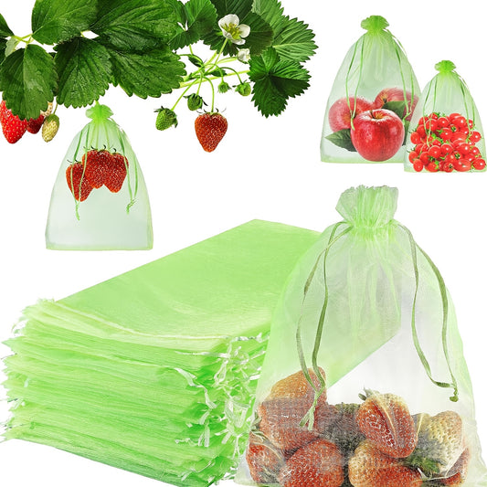 100 green garden netting bags with drawstring for pest protection and plant growth control in fruits and vegetables.