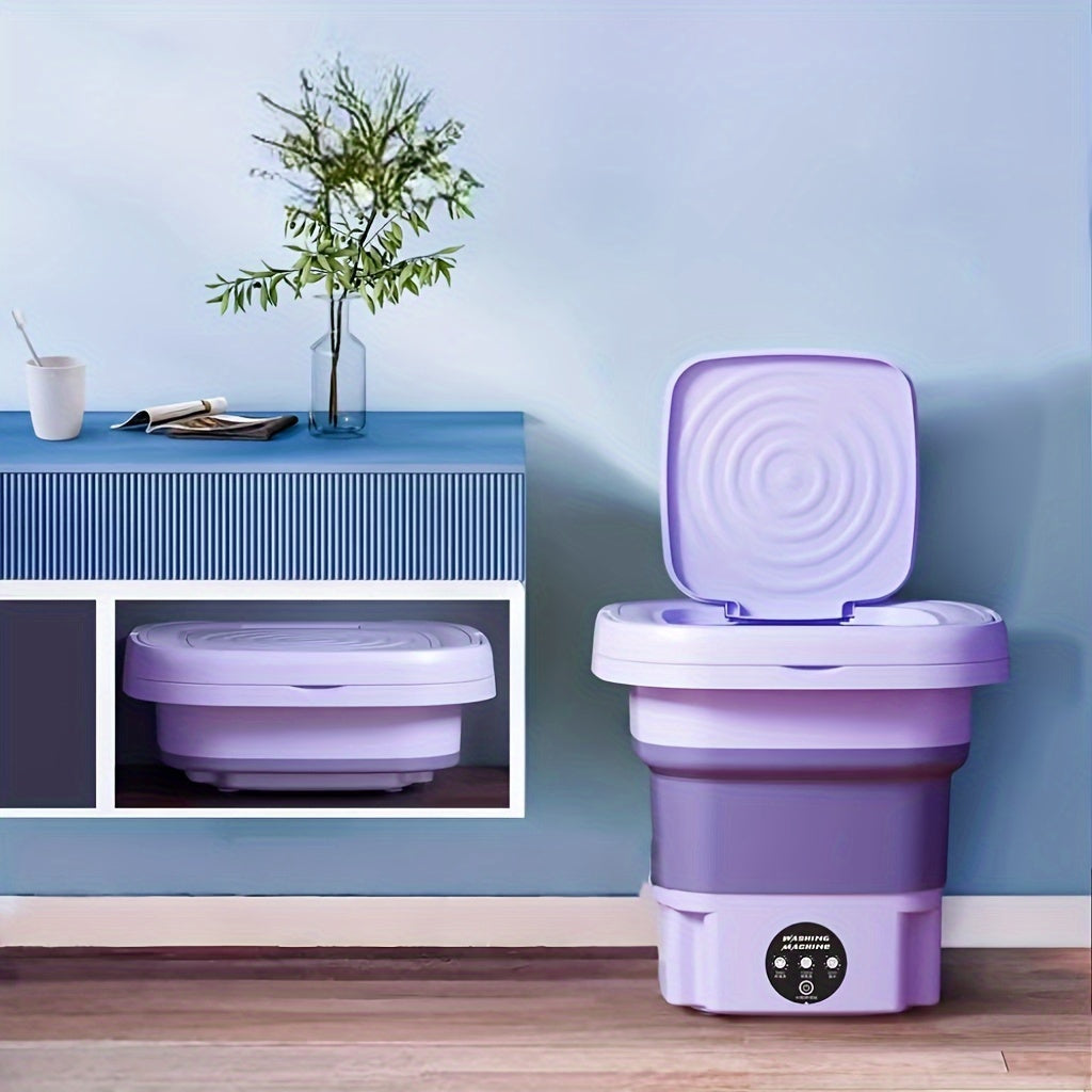 Portable 8L washing machine for travel and home use, ideal for underwear and socks. Easy-to-use touch controls, space-saving design with no battery required. Available in two colors.