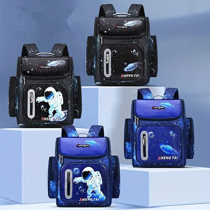 Waterproof school bag featuring cartoon astronaut design and large capacity.