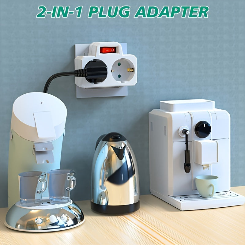 2 European standard outlet adapters with on/off switch, compact design, surge protection, 250V/16A - perfect for travel, home, office, and outdoor use.