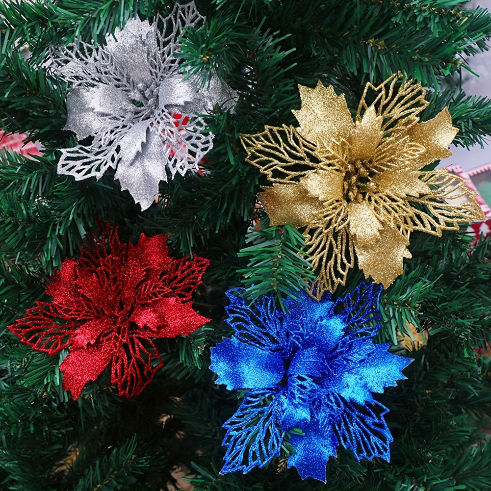 10 artificial Christmas flowers, 9cm/3.54in, glitter tree ornaments made of polyester and plastic. Suitable for home, kitchen, parties, and First Communion. No power required, festive holiday decoration.