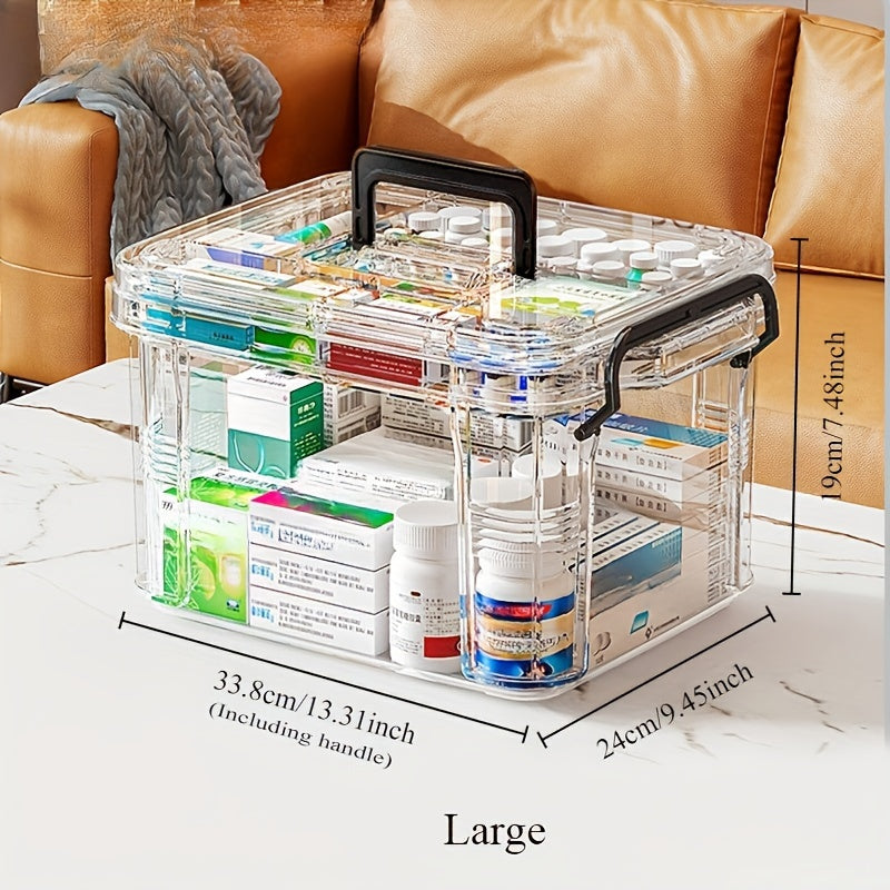 Large waterproof family medicine organizer with double-layer, transparent storage box for home and travel organization.