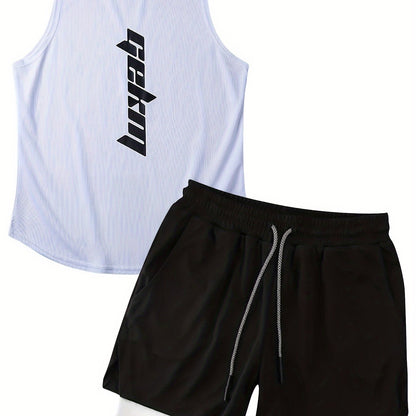 Men's 2-piece outfit with letter print tank top and loose basketball shorts.