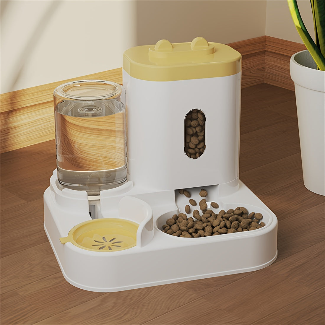 Dual bowl ergonomic cat feeder and water dispenser set made of plastic for cats, featuring automatic food and water feeding for neck-friendly use.