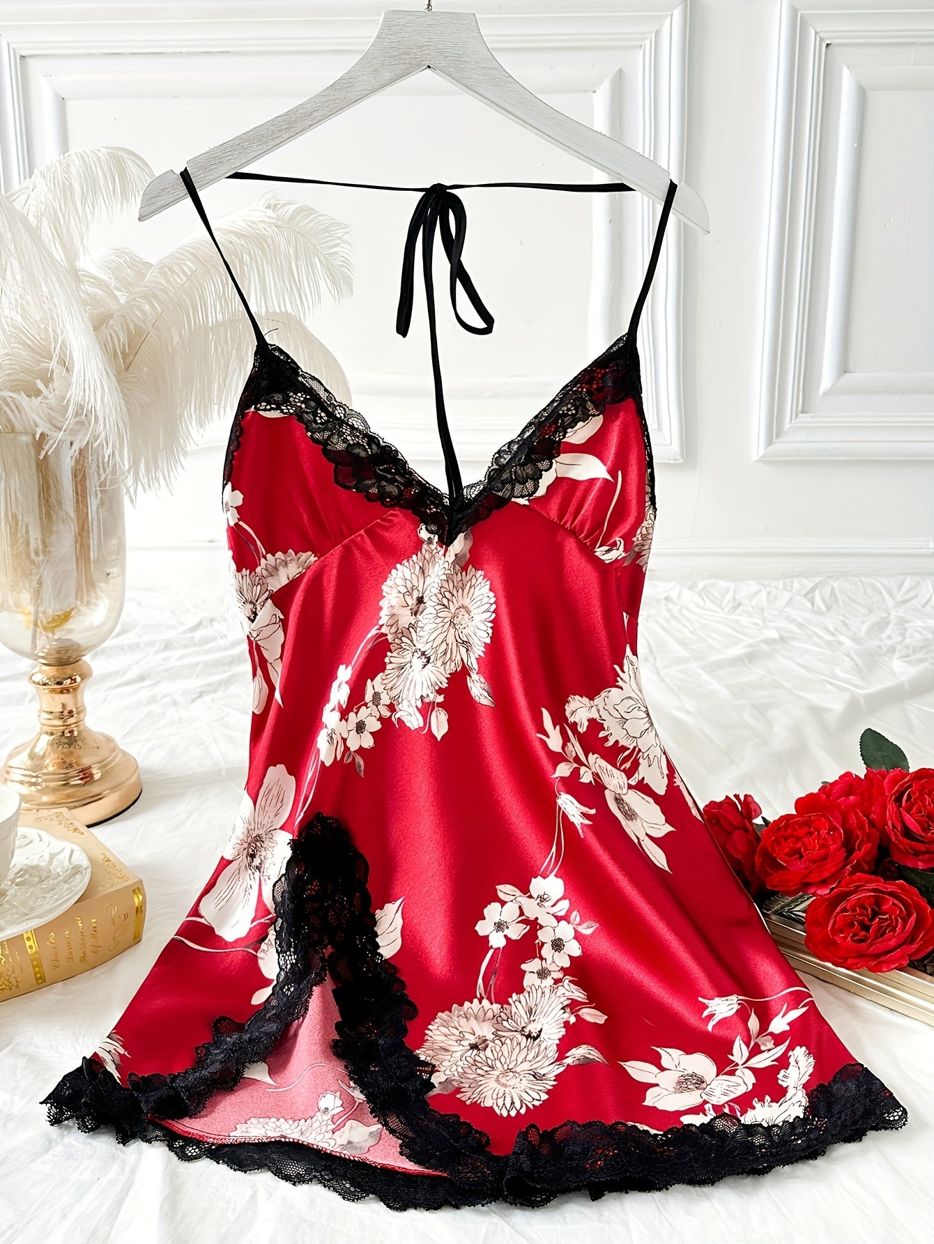 Women's sexy sleepwear: Floral satin lace nightgown with halter neck and split hem.