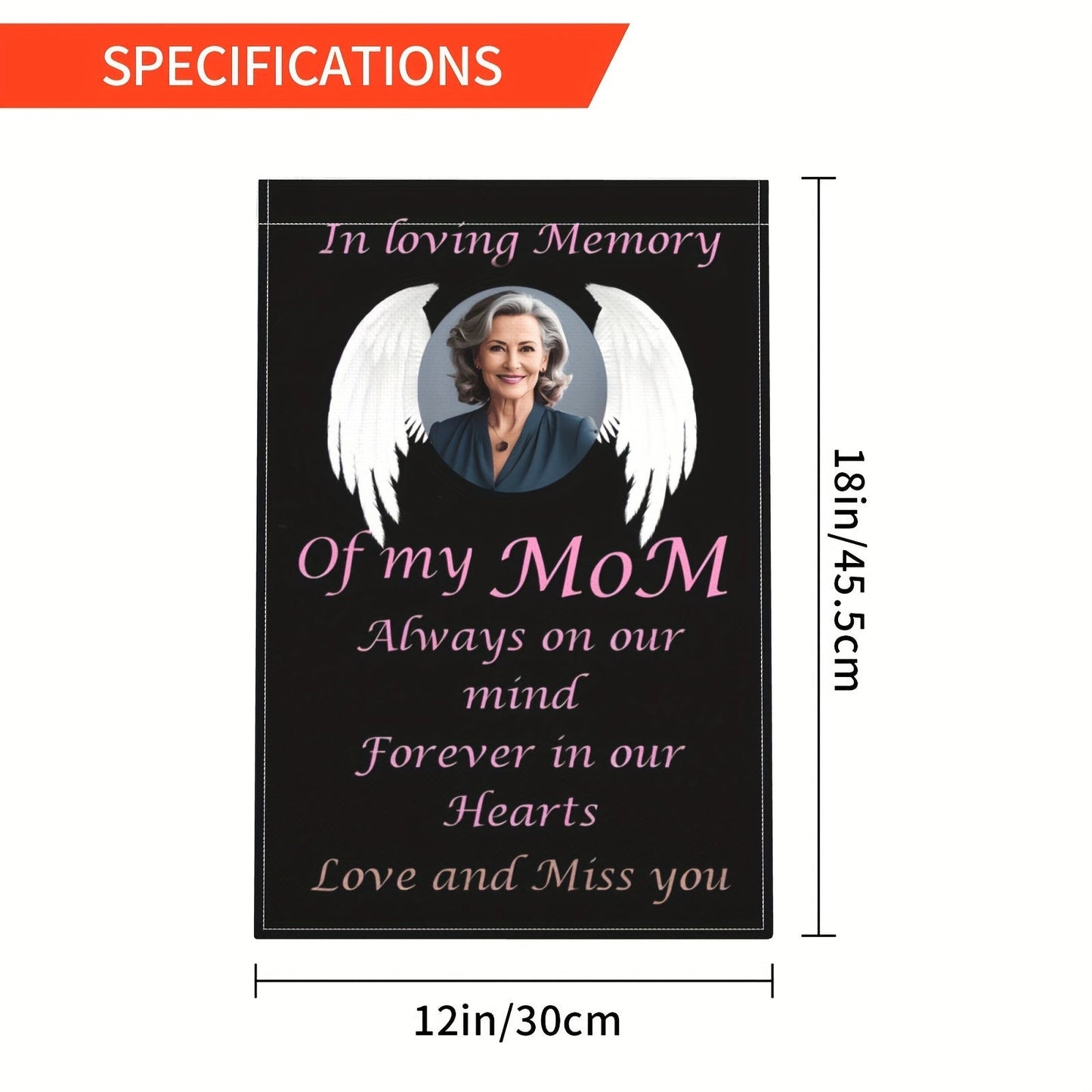 Personalized garden flags featuring a photo of your choice - "MoM Love and Miss You" or a custom heavenly angel photo. A thoughtful memorial gift for the loss of a loved one, suitable for decorating cemetery graves, outdoor yards, and lawns. These flags