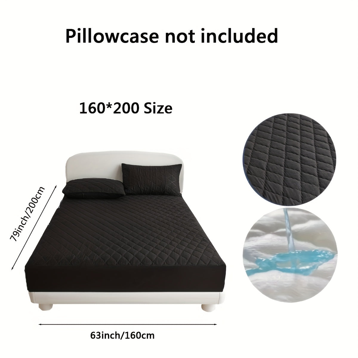 Diamond quilted waterproof bed sheet protector made of 100% woven polyester. Machine washable and available in multiple sizes (pillow shams not included).