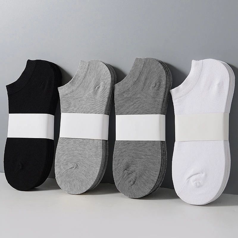 Five pairs of invisible socks for couples in solid colors (black, white, grey), made of breathable thin polyester (95%) and spandex (5%) knit fabric, hand washable, 200g/m².