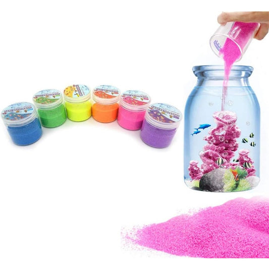 Hydrophobic colored sand play toys in 6 mixed colors, also known as Magic Space Sand.