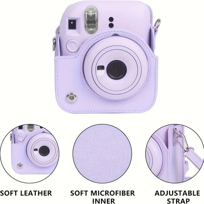 Protective faux leather case for Fujifilm Mini 12 camera with light-sensitive hole and lens compatibility. Durable accessory.