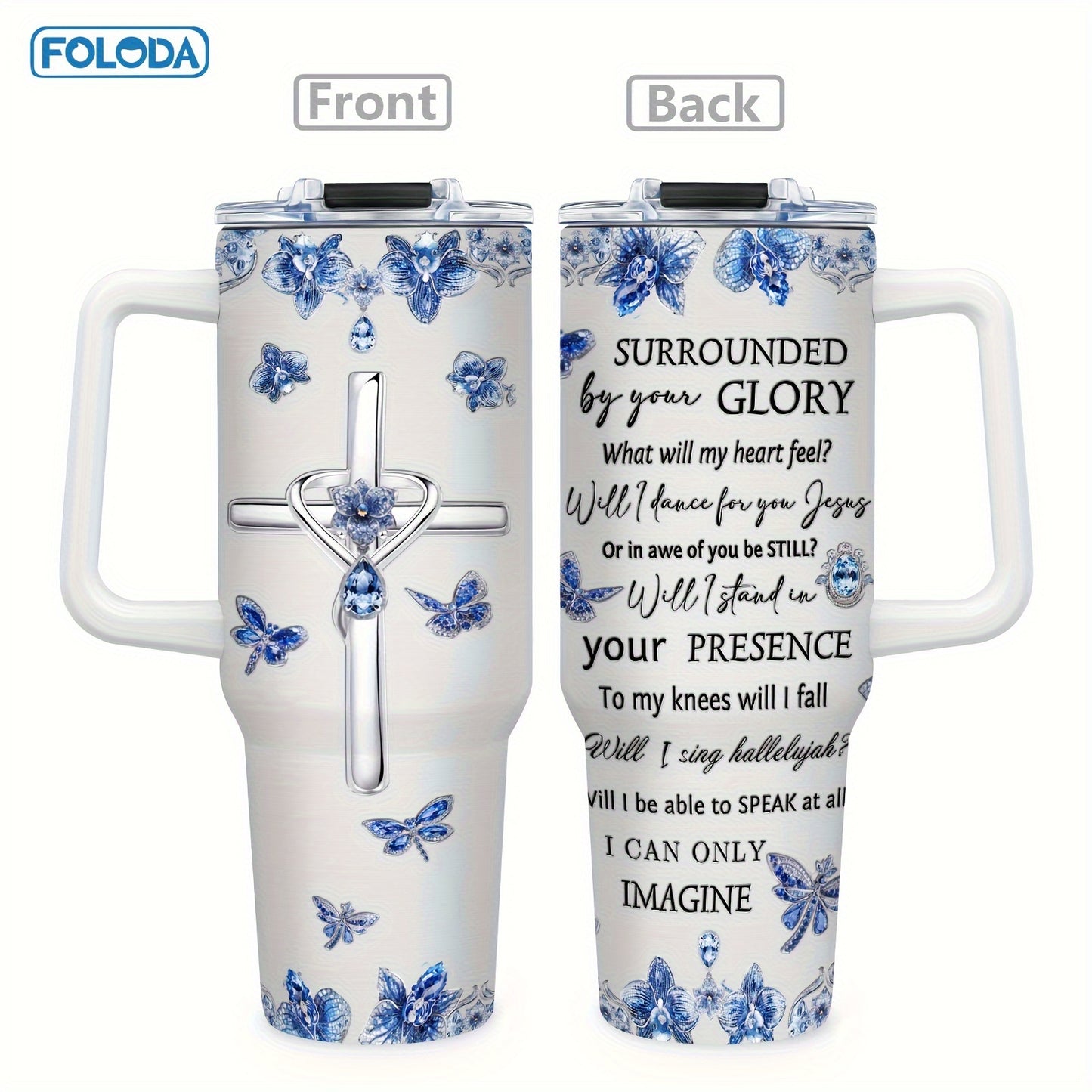 Foloda 40oz insulated stainless steel coffee mug with handle, lid, and straw, featuring leakproof design and inspirational Christian faith jewelry. Great for gifting on various occasions.