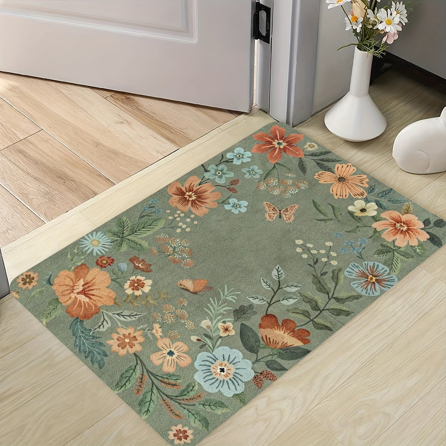 Durable Polyester Entrance Doormat with PVC Backing - Soft, Washable Floral Design for Entryway, Bathroom, Bedroom, Living Room, Laundry - Anti-Fouling, Bohemian Style Rug