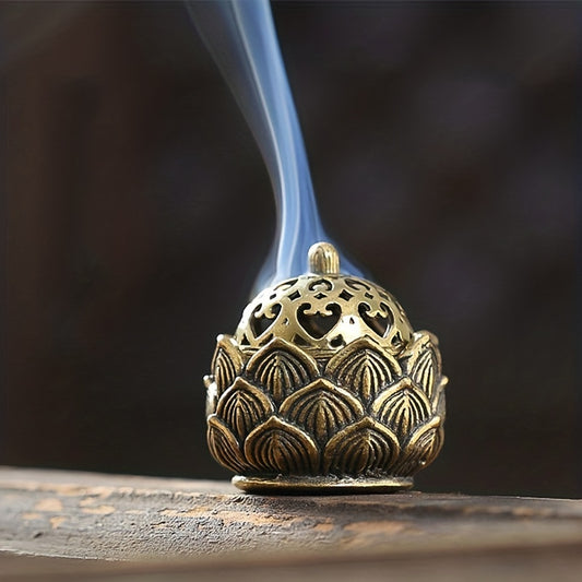 1 Mini Hollow Lotus Incense Burner in Antique Bronze, also serving as an incense holder for indoor decor.