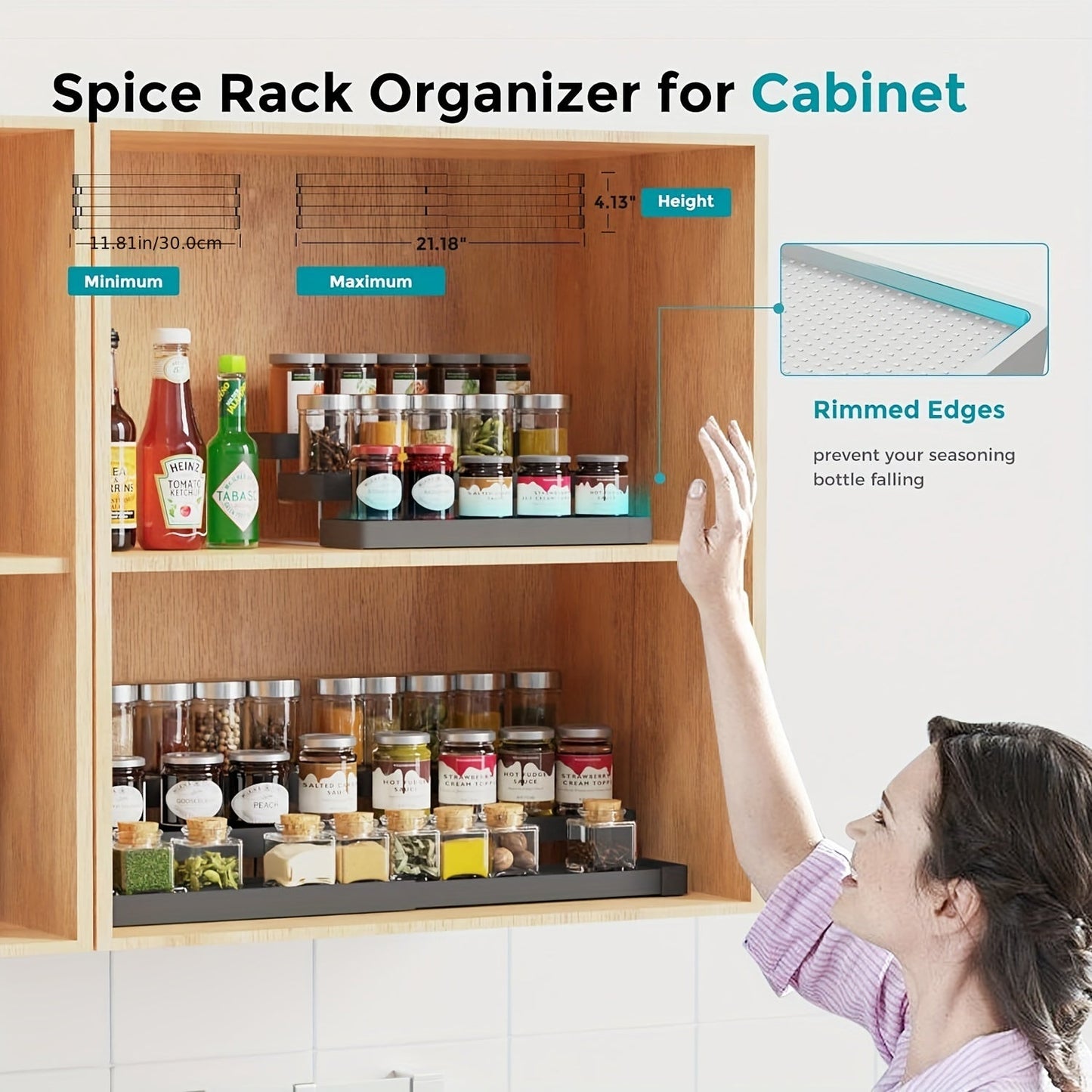 Expandable spice storage organizer, featuring 3 adjustable tiers for cabinets, countertops, cupboards, pantries, and shelves. Ideal for kitchen organization and storage, complete with kitchen accessories.