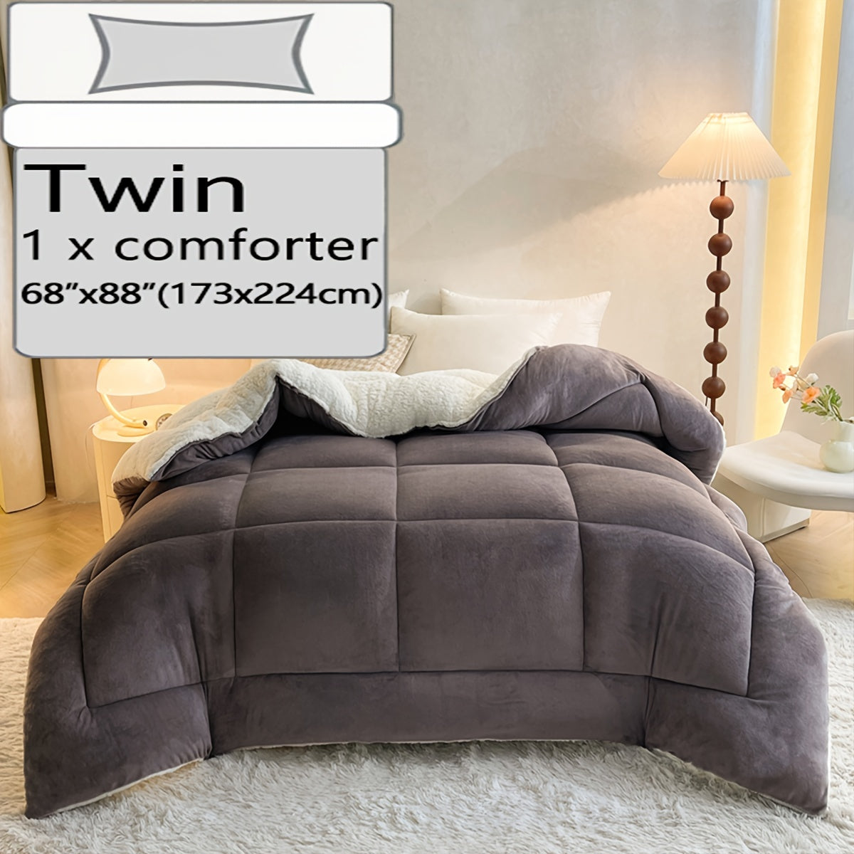 Super cozy Sherpa fleece comforter in a solid color, thick and warm for year-round use. Easy to clean in the washing machine, ideal for bedroom and guest room.