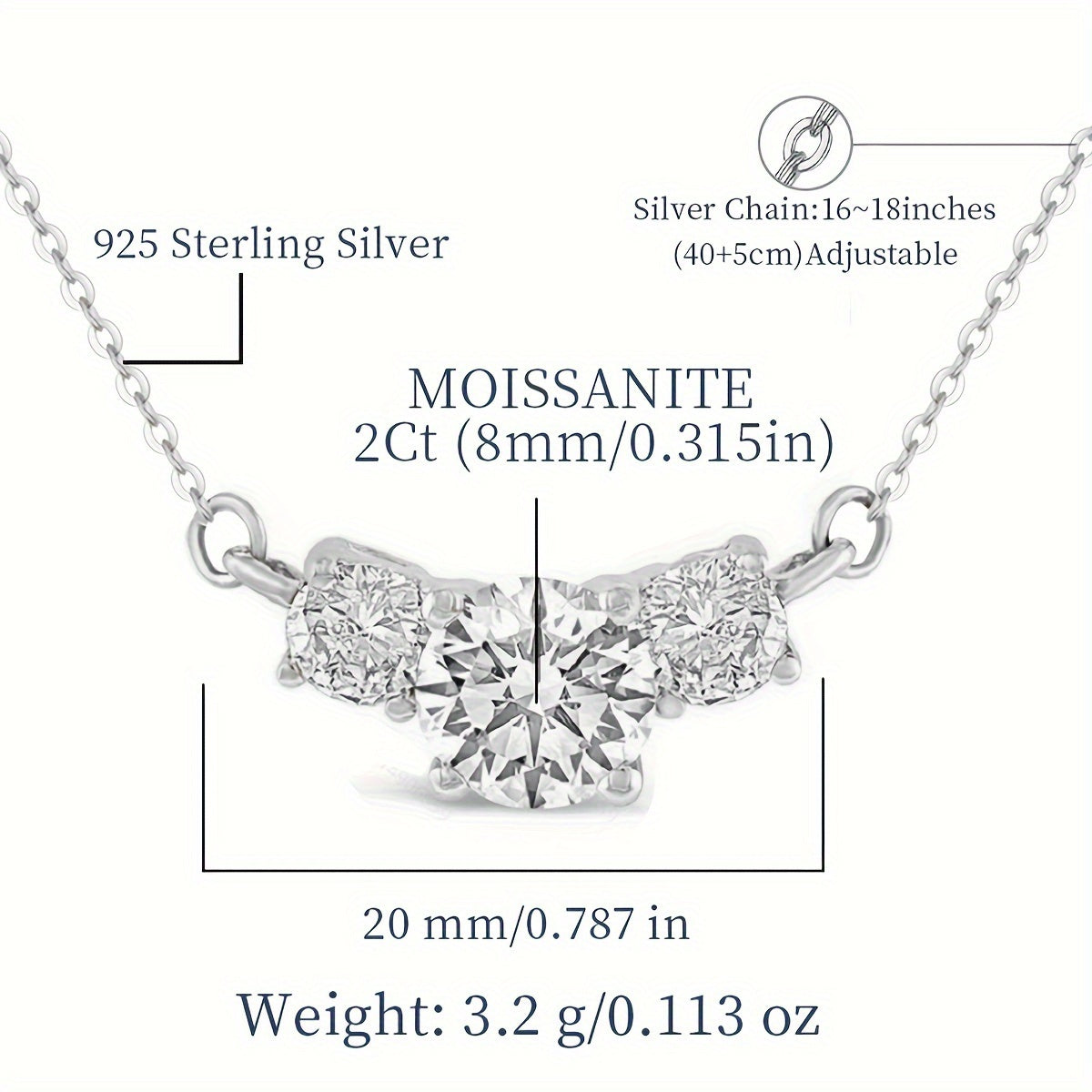 Luxurious Hypoallergenic Three Stone Necklace in 925 Sterling Silver with 2-4ct Moissanite. Perfect Gift for Valentine's Day or Birthday, Comes with Moissanite Certificate and Elegant Gift Box, Ideal for Women.