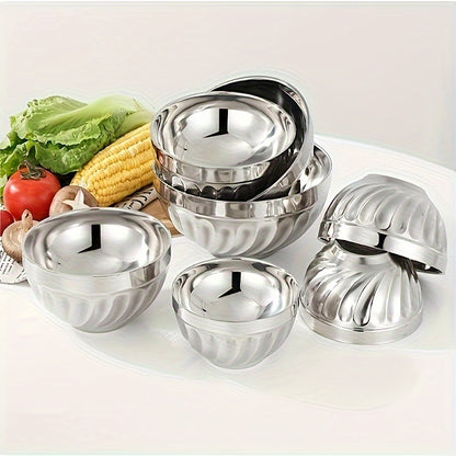 5 stainless steel bowls with double-layered heat insulation, suitable for serving salads, noodles, soups, desserts, and ice cream. Dishwasher safe and suitable for kitchen utensils and tableware.