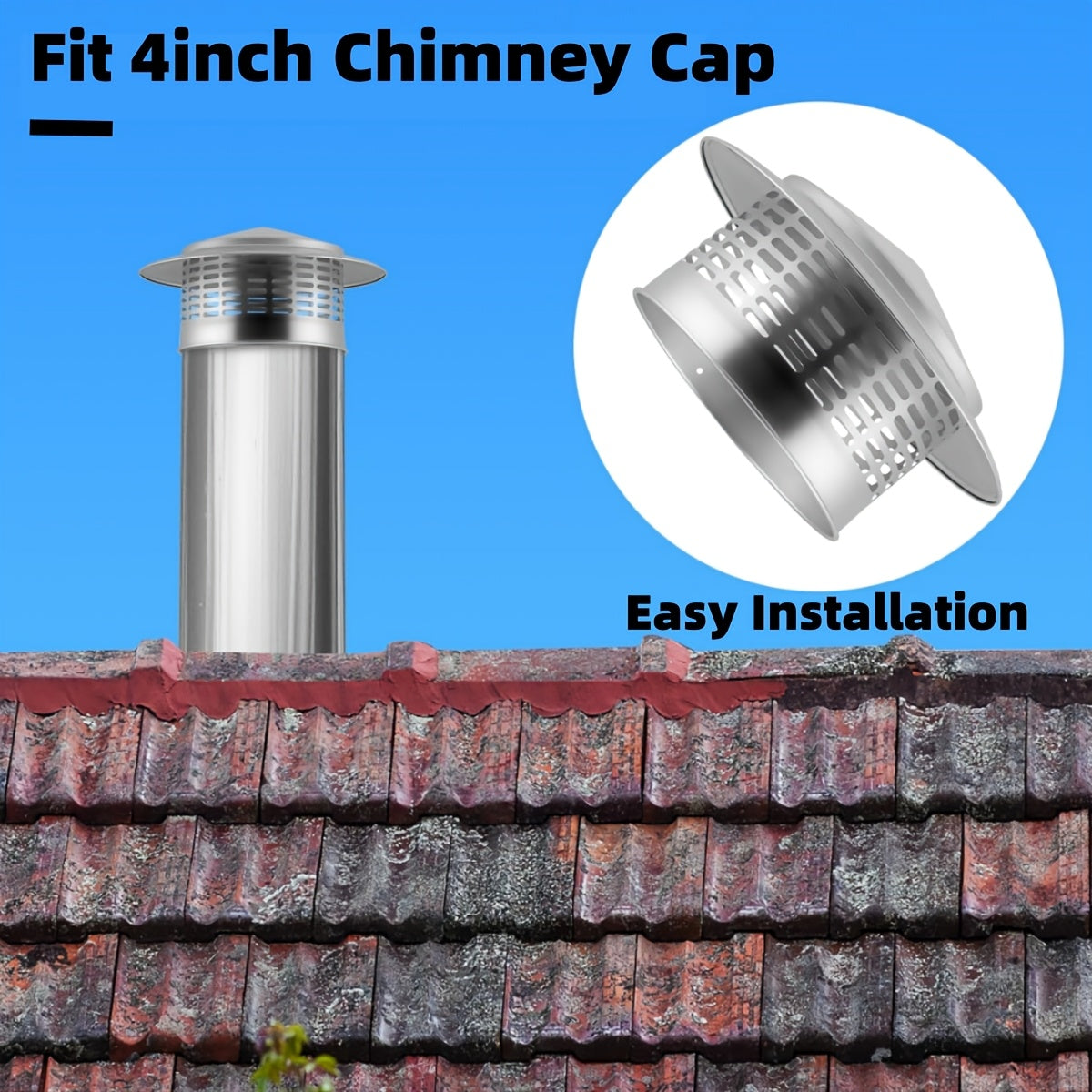 Stainless Steel 4 Inch Chimney Cover with Strainer - Round Shape, Rain Cap for Exterior and Fireplace, Flue and Furnace Tube Ventilation Cover