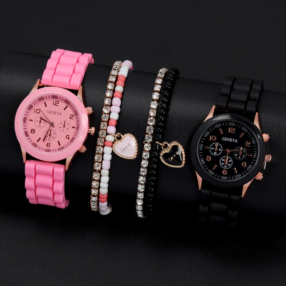 4-piece Fashion Couple Quartz Watch Set with Colorful Love Magnetic Necklace, Personalized Number Scale Round Dial and Simple Soft Strap. Ideal gift for couples, perfect for Valentine's