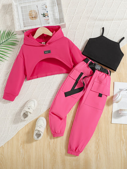 Girl's three-piece fashion set includes a short hoodie, halter top, and sporty overalls for spring and autumn wear.