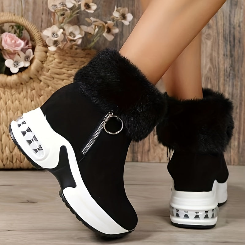 Winter boots for women with fleece lining, cozy and warm, thick sole, side zipper, round toe, mid-heel.