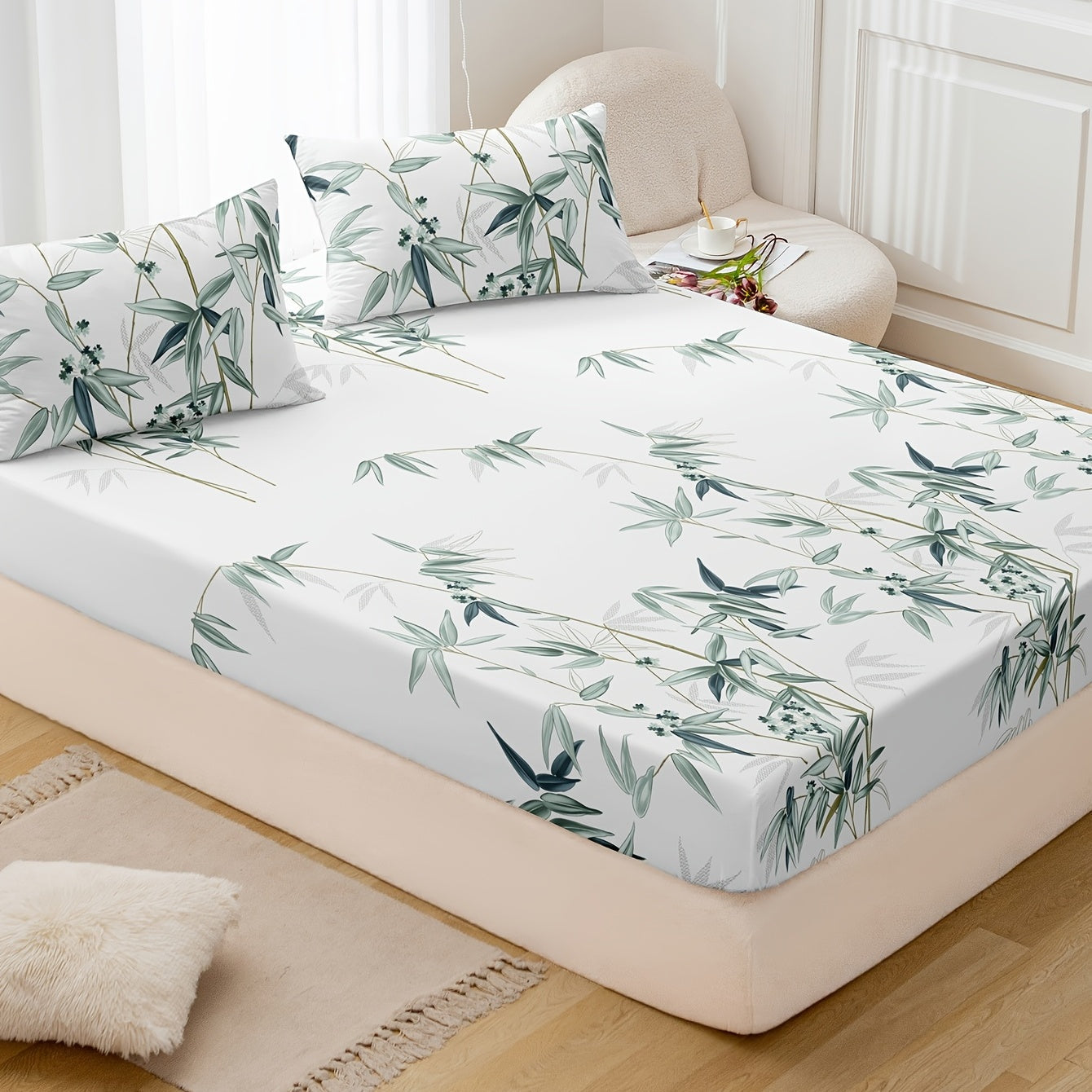 Set of 3 Plant Printed Fitted Sheets - Luxuriously Soft and Breathable Bedding for Bedroom and Guest Room, including 1 Fitted Sheet and 2 Pillowcases.