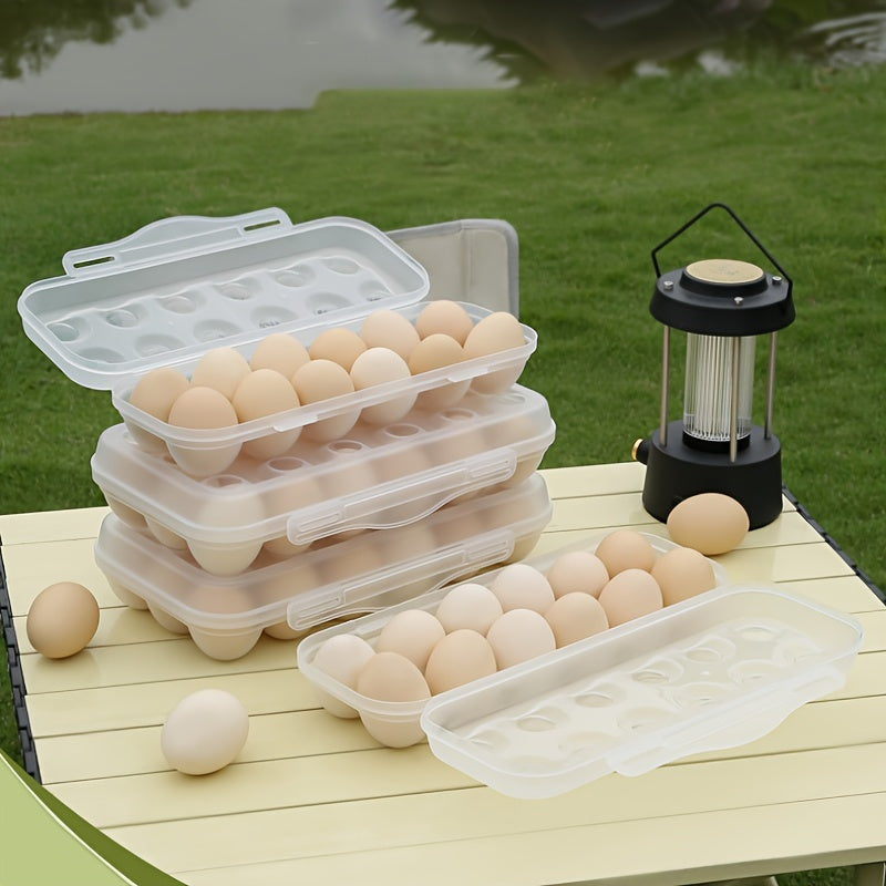 Transparent plastic stackable egg storage container with lid, capable of holding 12/18 eggs. Shockproof and freezer-safe, this space-saving kitchen organizer is perfect for keeping your eggs fresh and organized in the refrigerator.