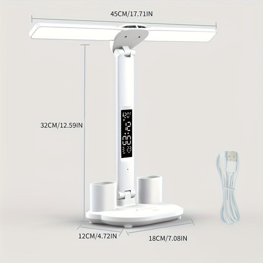 LED desk lamp with eye protection, foldable design, time display, and various functions for use in student dormitories, bedrooms, and workspaces.