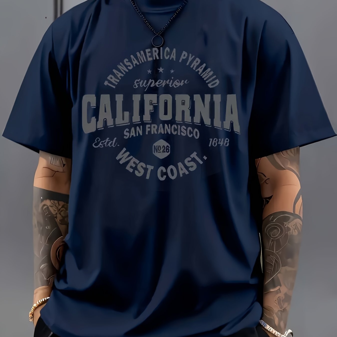 Men's casual crew neck t-shirt with California graphic, 3D digital print, made of polyester knit fabric with slight stretch for regular fit. Suitable for all-season daily and casual wear.