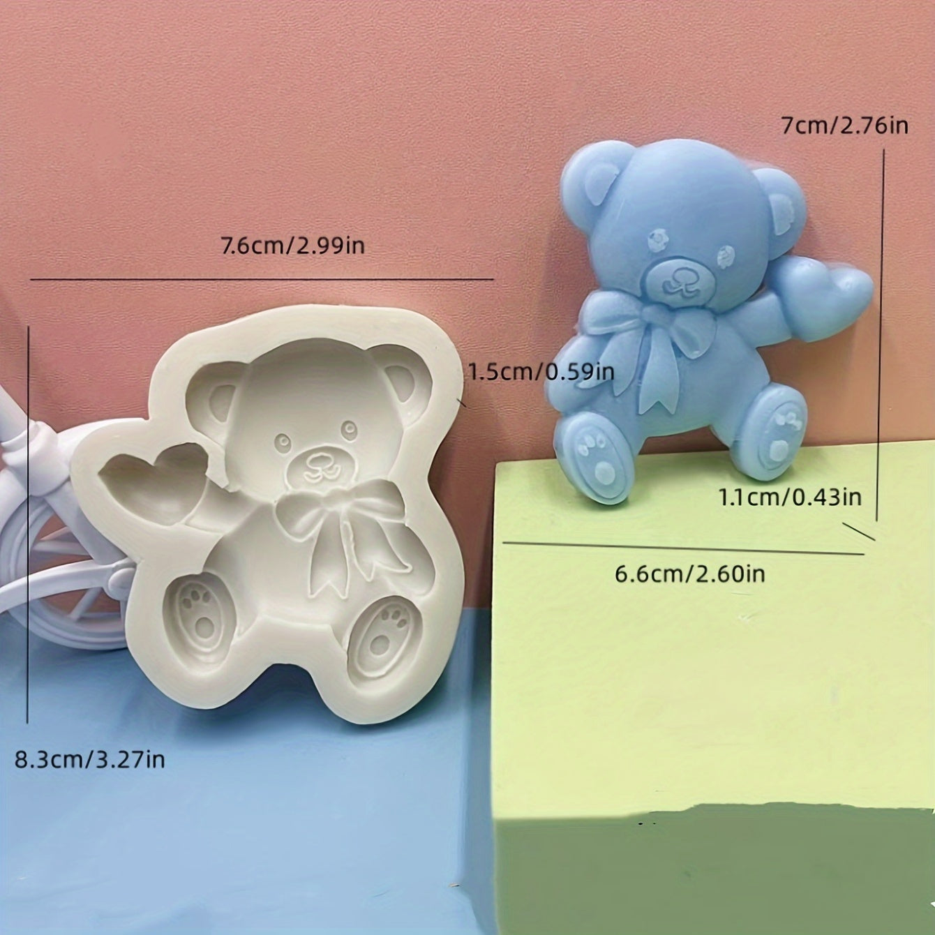 Silicone mold featuring a cute bear with a heart shape design, ideal for making mousse, fondant cakes, chocolates, and biscuits in the kitchen. This versatile tool can also be used for handmade candies, jellies, and puddings, as well as for creating drop