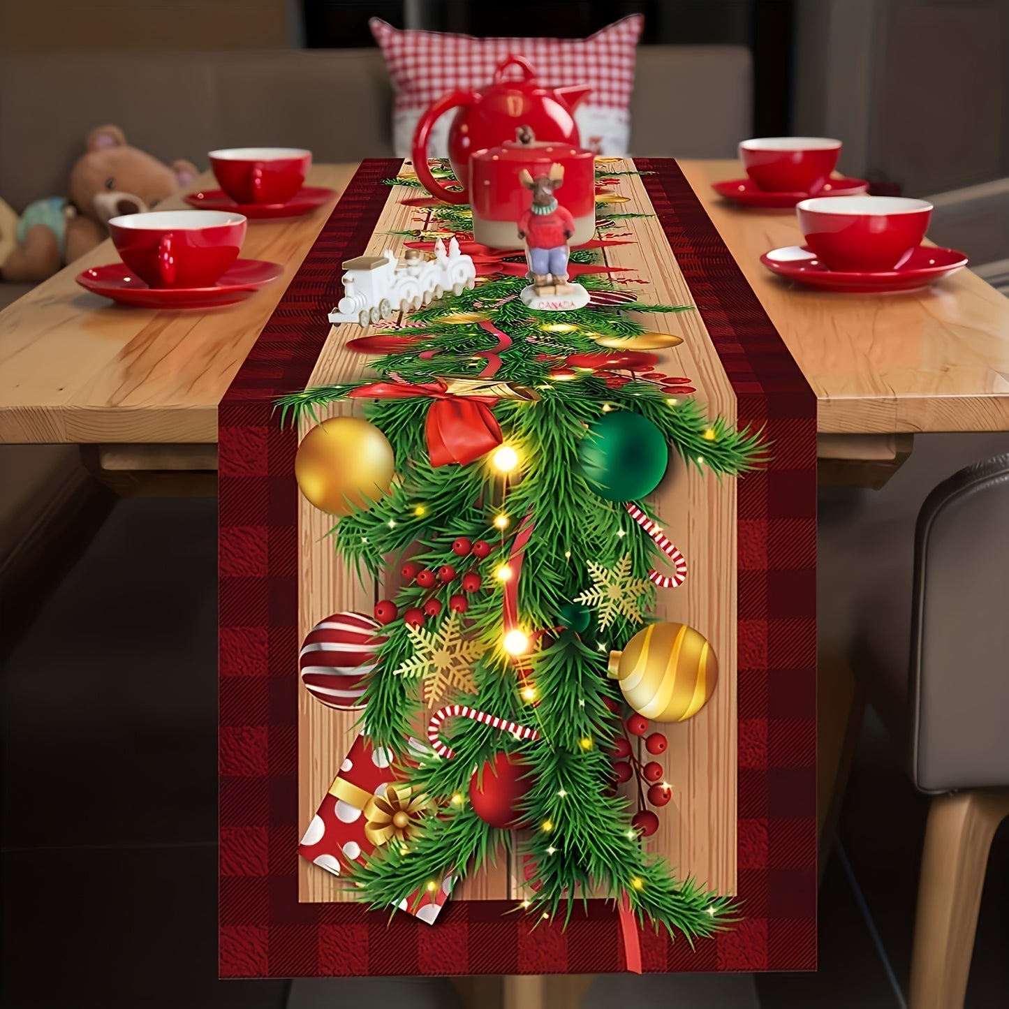 1pc Linen Table Runner featuring a Merry Christmas Ball Buffalo Plaid Pattern, perfect for adding a festive touch to your home decor or as a holiday gift.