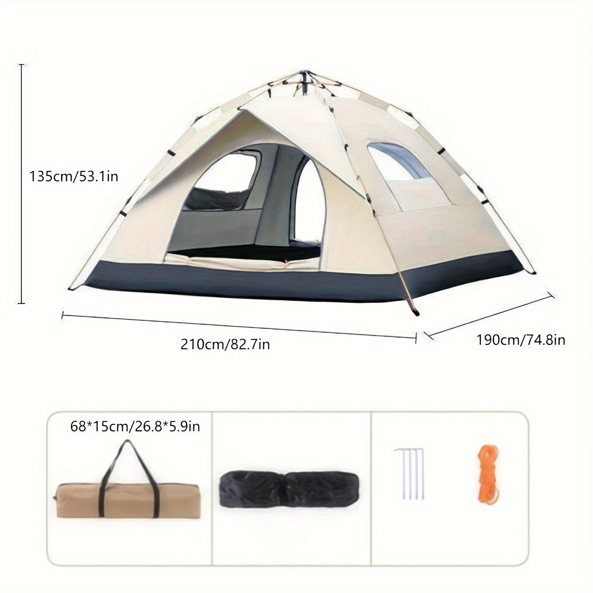 Light brown square tent for 4 people with automatic pop-up feature, waterproof Oxford cloth material, zipper closure, and glass fiber frame. Portable for camping, fishing, hiking