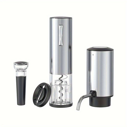 Electric wine opener set includes foil slicer and dispenser, USB rechargeable for kitchen and restaurant use.