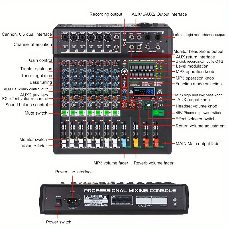 NXG XF8/12/16 Professional Mixer Soundboard with 8/12/16 Channels, USB MP3 Computer Input, 48V Phantom Power, Built-in 99 Reverb Effects, and Recording Function.