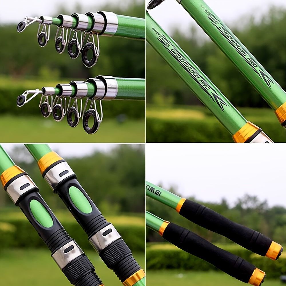 Telescopic fishing rod made of carbon fiber and FRP, 30-70cm extendable with green and black design. Features comfort foam handle and durable ceramic and stainless steel reel seat. Ideal