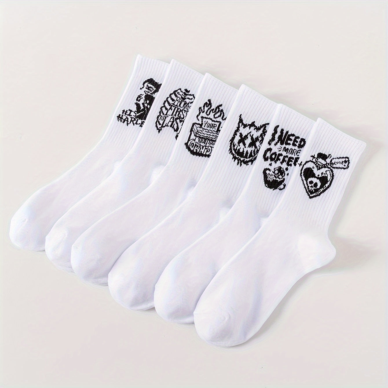 6/10 pairs of men's mid-calf socks with random black and white graffiti designs for all seasons.