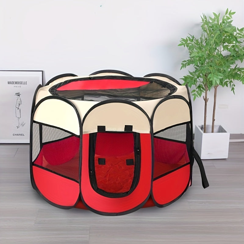 Portable foldable pet playpen with carrying case, collapsible travel bowl, water resistant shade cover for indoor/outdoor use.