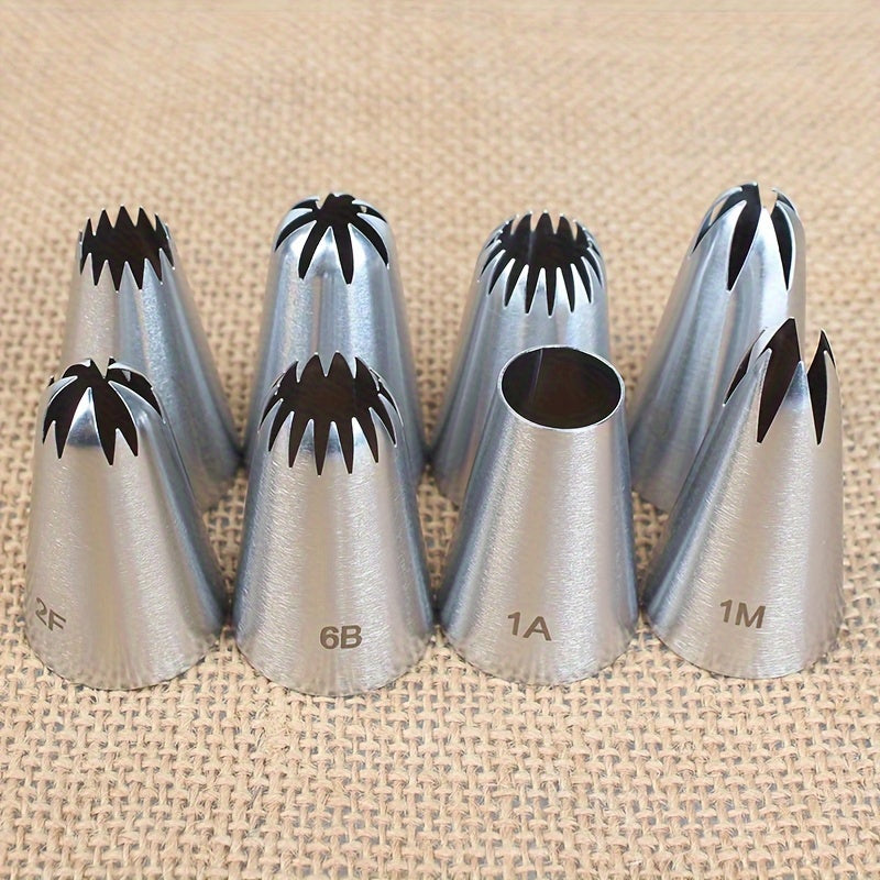 Set of 8 Medium-Sized Stainless Steel Piping Tips for Decorating Cakes, Cupcakes, Cookies, and More - High-Quality Baking Tools Made from Food-Grade Materials