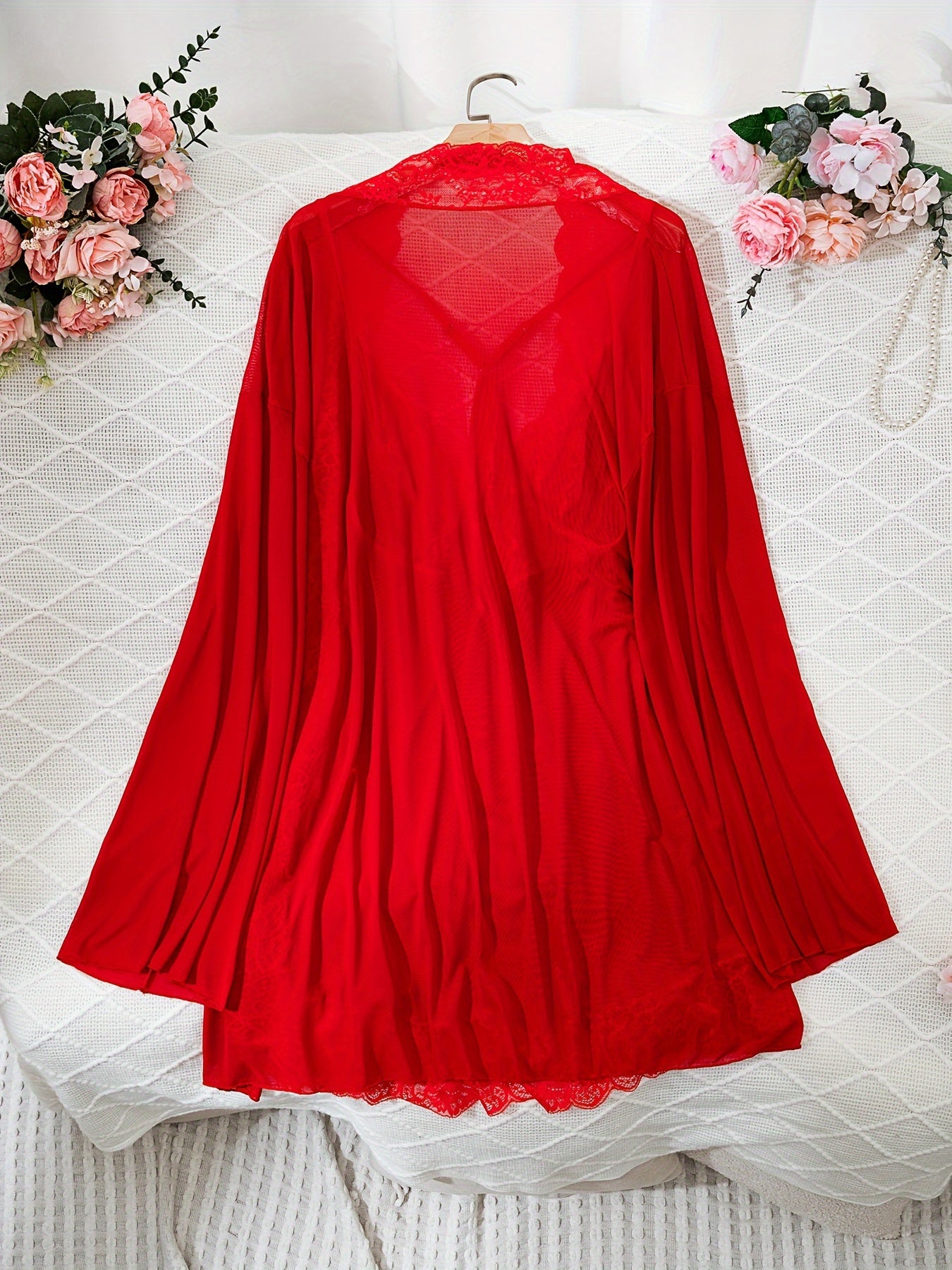 Elegant red lace-trimmed robe and slip dress set for women, semi-sheer with no padding.