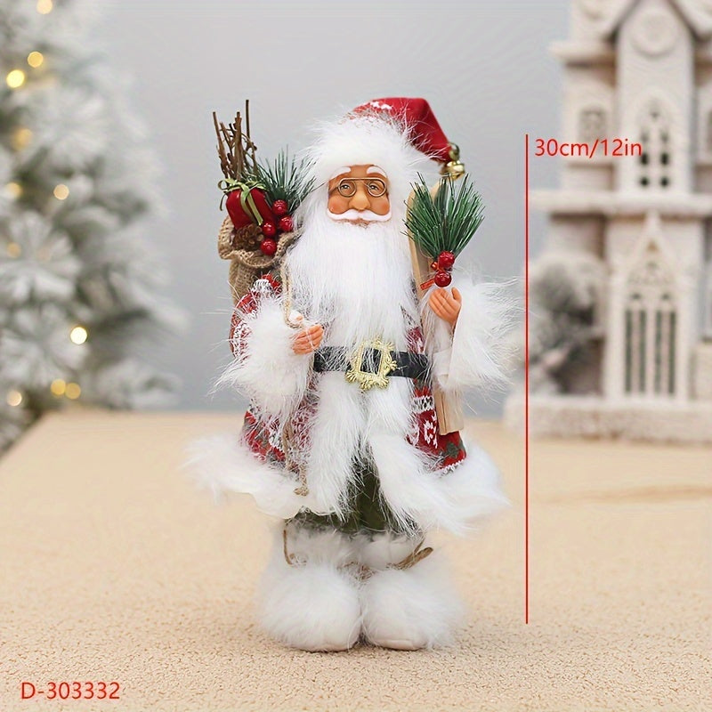 Santa Claus figure decoration with 12-inch height, wearing long fluffy snow boots, perfect for holiday and New Year's decor in homes or businesses.