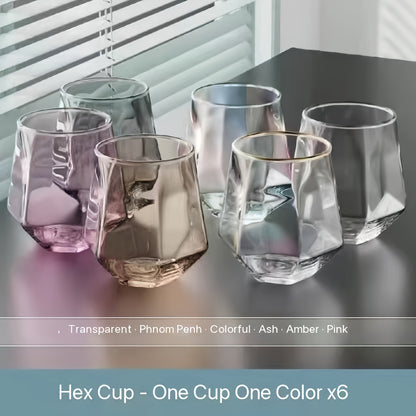 Set of 6 geometric glass cups suitable for water, whisky, juice, milk, tea and more. Perfect for all seasons.