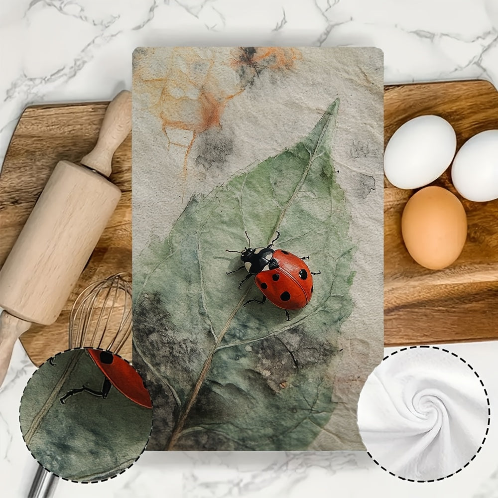 Two Coastal Style Ladybug Kitchen Towels made of highly absorbent polyester knit fabric. These machine washable hand towels are designed in a contemporary oblong shape, perfect for holiday decor. Each towel measures 40.64x60.96 cm and is ideal for drying