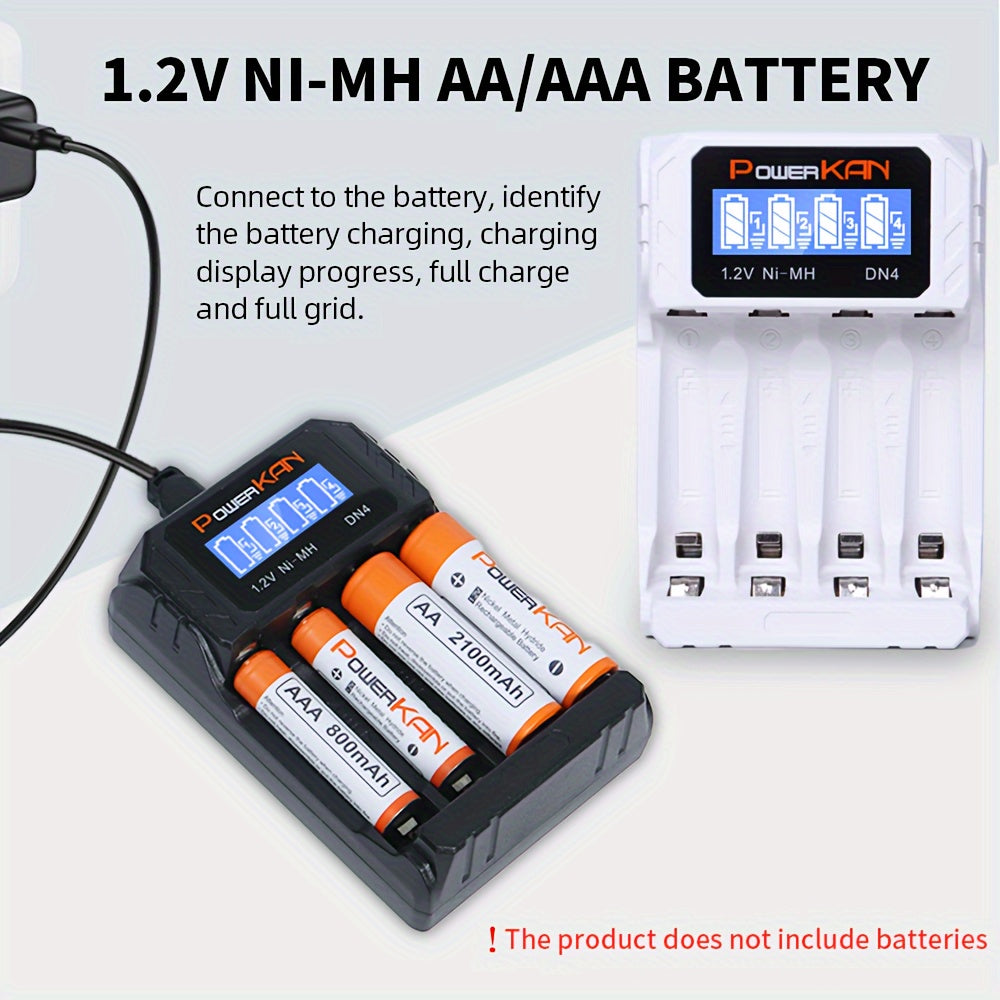 The PowerKAN Compact 4-Slot Smart Charger charges AA/AAA Ni-MH/Ni-Cd Batteries with USB Type-C, LCD Display, Overcharge Protection, Black or White, Portable.