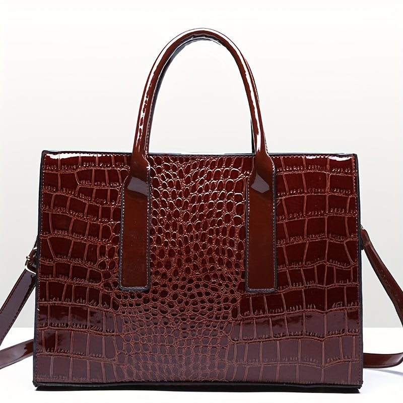 Trendy crocodile-embossed PU tote bag for women. Large capacity with glossy finish, zip closure, black polyester lining. Ideal for travel or gifting. Fashionable accessory with polyester